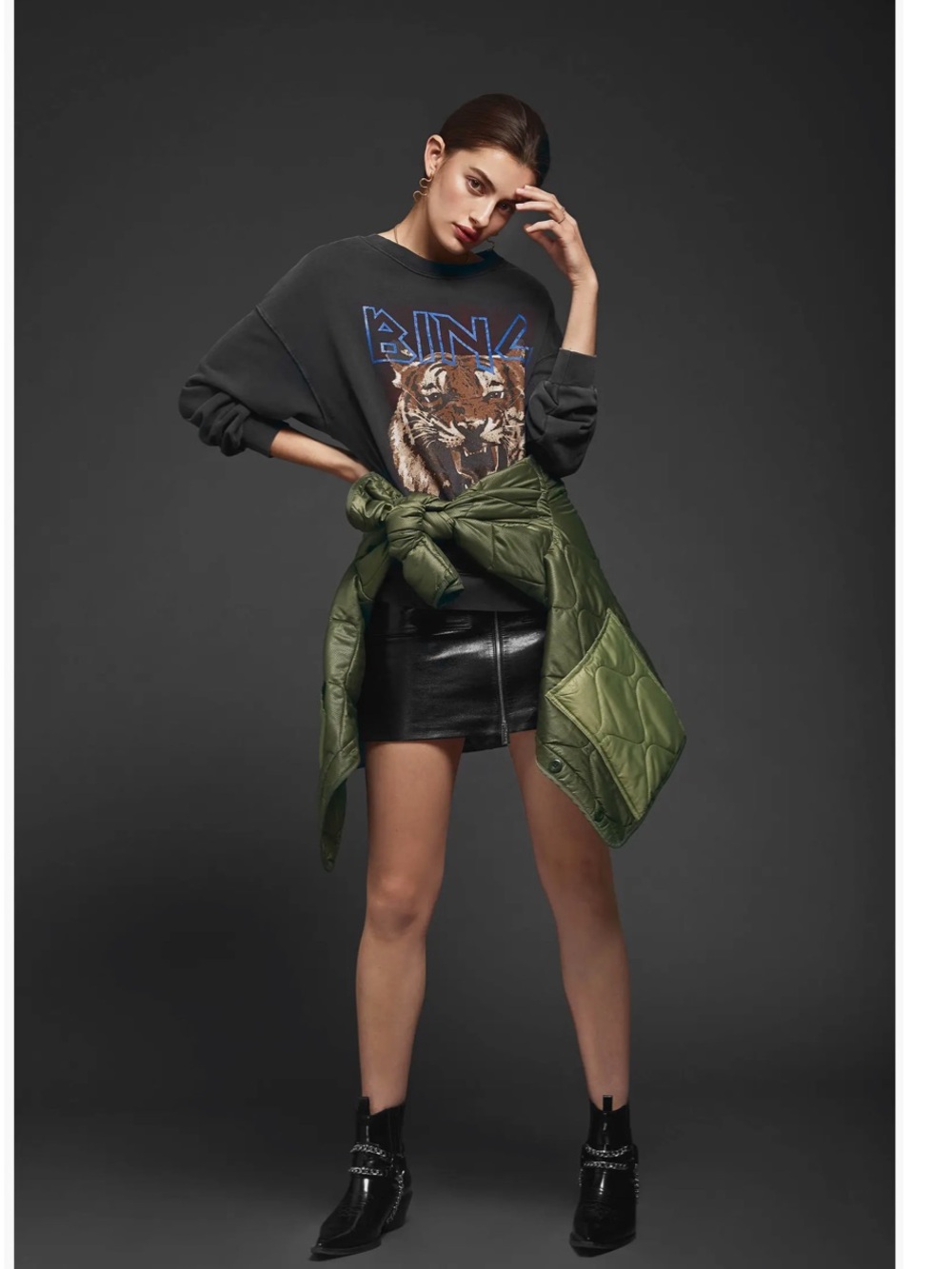 Anine Bing Crewneck Sweatshirt in Charcoal with Tiger Graphic